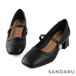 【SANDARU 山打努】瑪莉珍 珍珠鑽飾粗跟鞋(黑)