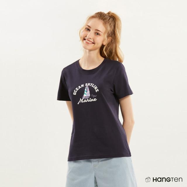 【Hang Ten】女裝-REGULAR FIT純棉航海帆船印花短袖T恤(深藍)