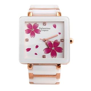 【范倫鐵諾˙古柏】奢華玫瑰金櫻花精密陶瓷方形手錶