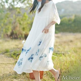 【ACheter】圓領苧麻雙層連身裙慵懶風棉麻七分袖藍染寬鬆仙女長裙洋裝#117615(白)