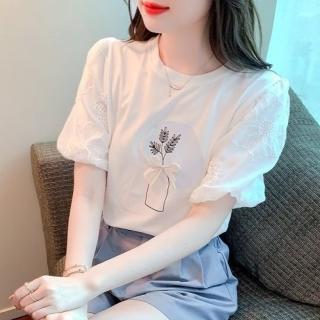 【baibeauty 白鳥麗子】韓版印花蝴蝶結蕾絲泡泡袖圓領上衣(T恤)