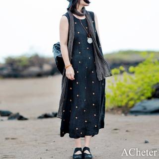 【ACheter】圓領皺感亞麻滿繡波點背心無袖連身裙棉麻長洋裝#117613(黑)