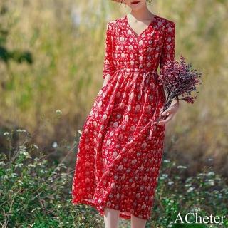 【ACheter】孔雀印花苧麻連身裙民族風寬鬆V領七分袖印花亞麻棉紅色長裙洋裝#117622(紅)