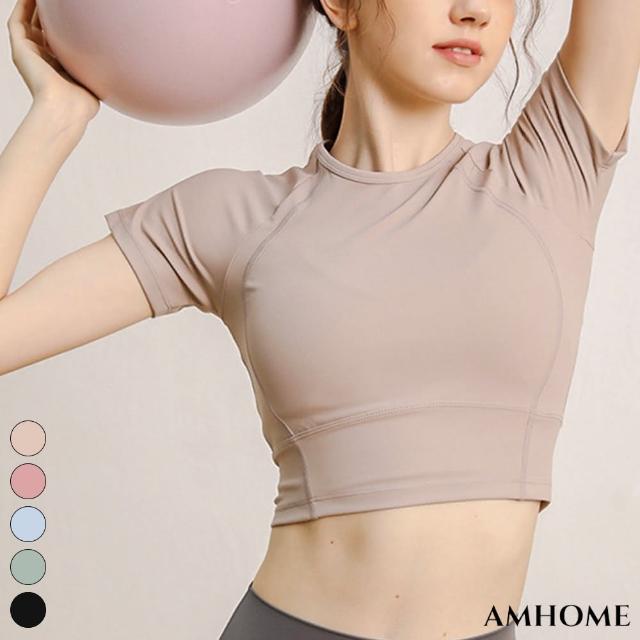 【Amhome】運動圓領短袖T恤速乾透氣健身跑步緊身短版瑜伽服健身上衣#117910(5色)
