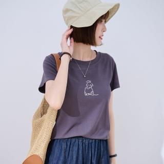 【JILLI-KO】慢生活-馬尾女孩印花極簡百搭短版棉質T恤-F(杏/深灰)