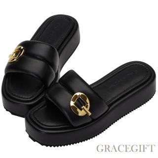 【Grace Gift】紀卜心聯名-泡泡棉花糖厚底拖鞋(黑)