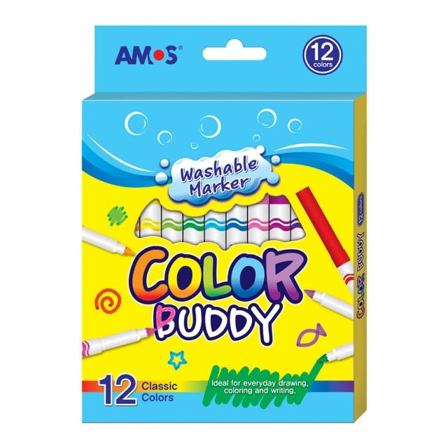 【AMOS 阿摩司】韓國原裝 12色 細款 可水洗彩色筆 /組 CM12P-L