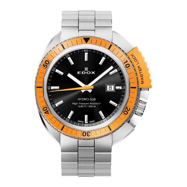 【EDOX】Hydro Sub 北極潛水500米石英手錶-黑x橘框(E53200.3OM.NIN)