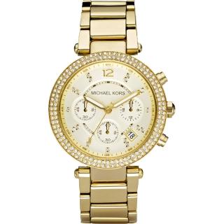 【Michael Kors】MK 美式奢華晶鑽三眼計時手錶-金 母親節禮物(MK5354)