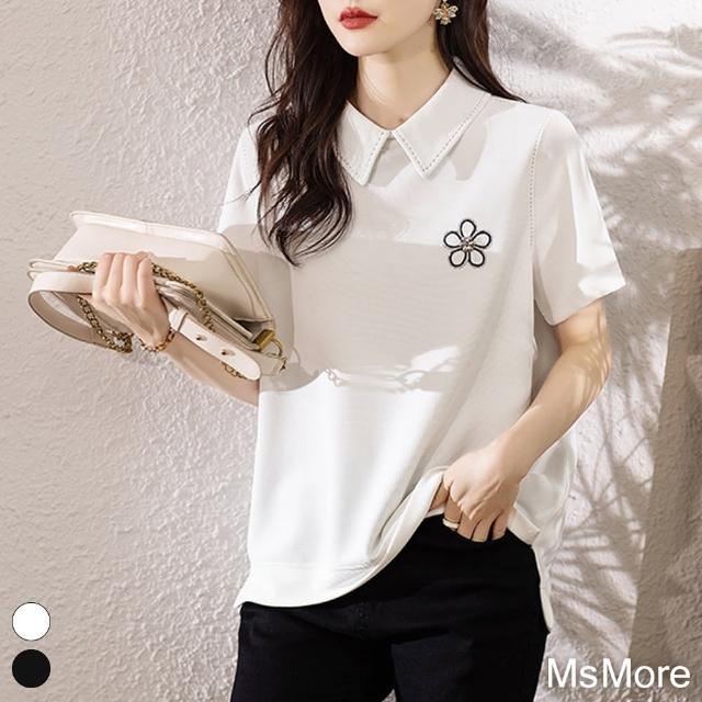 【MsMore】花瓣刺繡短袖寬鬆polo衫寬鬆短版上衣#117811(白/黑)