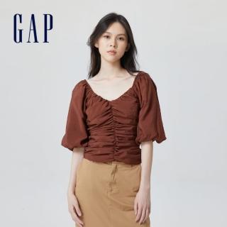 【GAP】女裝 法式復古泡泡袖短袖上衣-深棕色(665292)