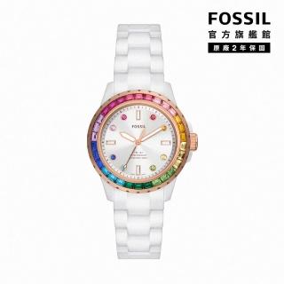 【FOSSIL 官方旗艦館】FB-01 漸變彩虹環刻七彩指針女錶 白色陶瓷錶帶手錶 37MM CE1129(母親節)