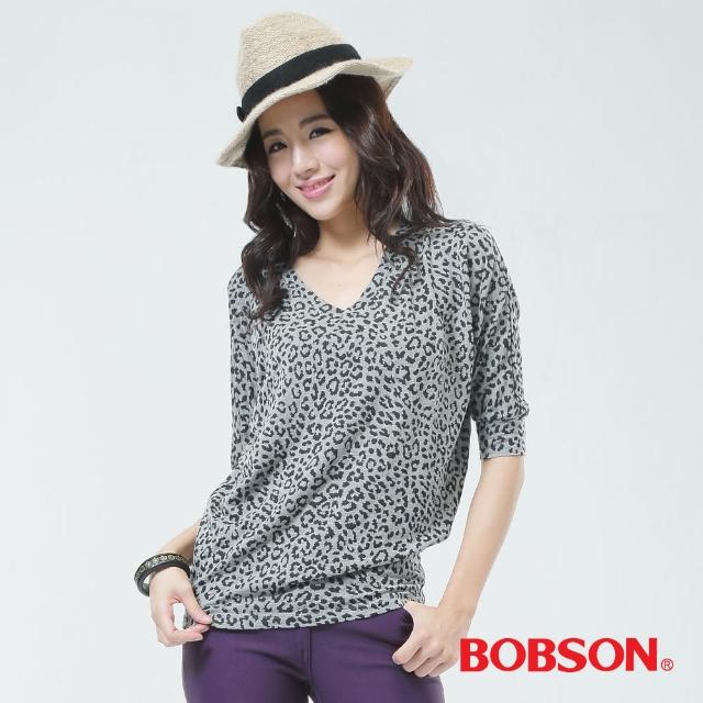 【BOBSON】印豹紋連袖上衣(灰色33085-83)
