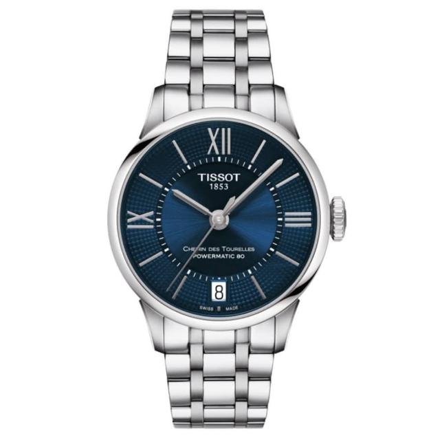 【TISSOT 天梭】杜魯爾系列羅馬時標機械腕錶-藍x銀/32mm(T0992071104800)