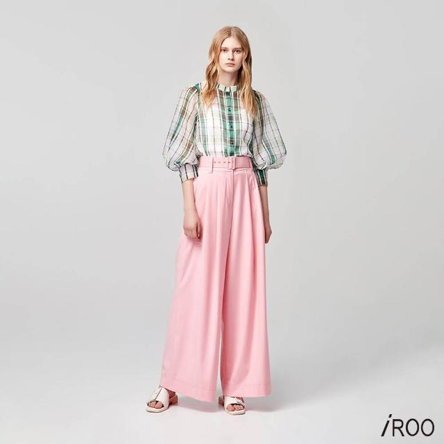 【iROO】粉色高腰寬褲