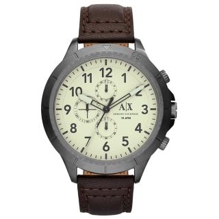 【A│X Armani Exchange】時刻終戰三眼計時腕錶-白X深咖啡皮帶(AX1757)