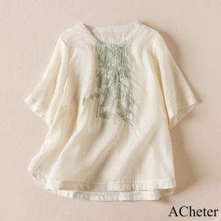 【ACheter】短袖刺繡藘麻上衣文藝復古寬鬆高級感棉麻短版上衣#117603(白)