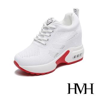 【HMH】彈力舒適縷空飛織綁帶造型厚底內增高氣墊休閒鞋(白)