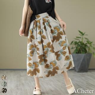 【ACheter】原創文藝復古新款印花雙層棉麻紗半身裙民族風中長版長裙#117967(黑/卡其/綠)