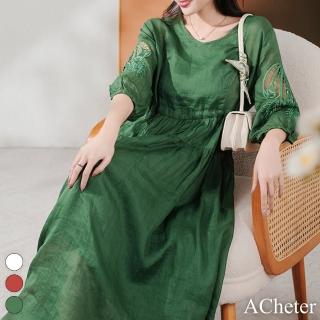 【ACheter】夏季民族風復古素雅法式鏤空七分袖繡花V領蘆麻連身裙長洋裝#117547(白/紅/綠)