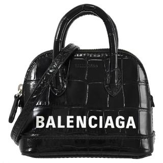 【Balenciaga 巴黎世家】品牌LOGO鱷魚紋超迷你手提貝殼包兩用包(黑)