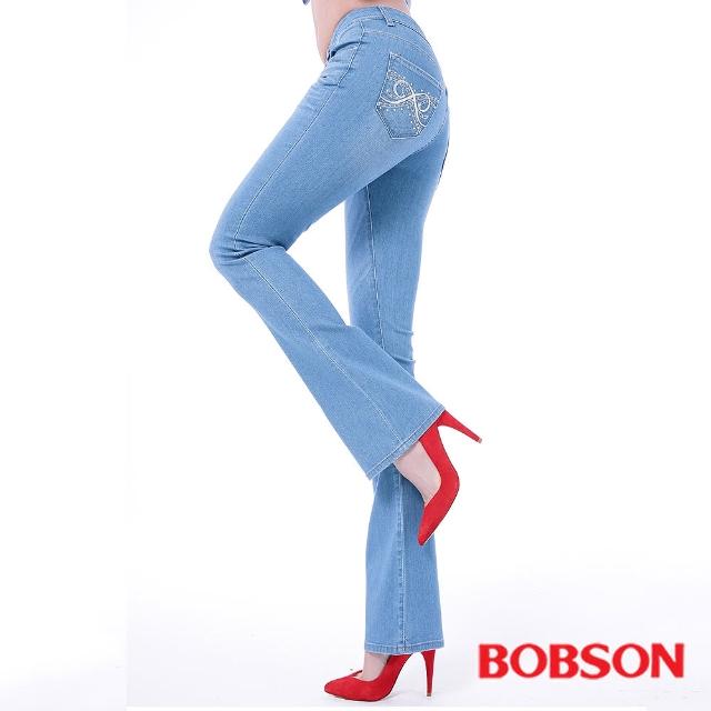 【BOBSON】衣絲不罣木醣醇伸縮小喇叭褲(藍9093-58)