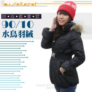 【荒野 wildland】女款 中長版 貉子毛單件式保暖羽絨外套/大衣.保暖外套(92107 黑色)