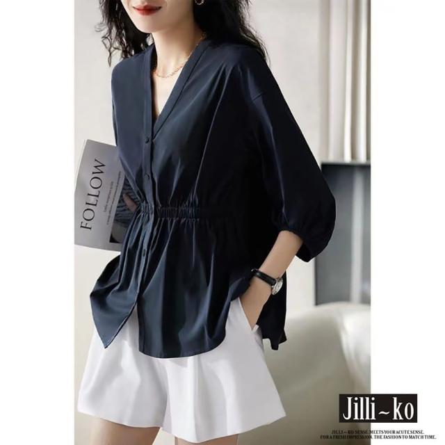 【JILLI-KO】V領氣質設計感收腰寬鬆中袖襯衫-F(深藍/白)