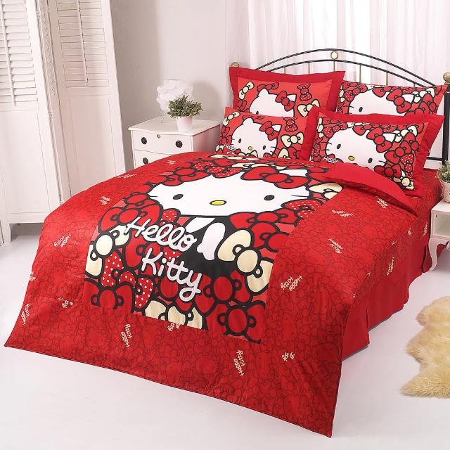 【享夢城堡】精梳棉雙人床包涼被四件組(HELLO KITTY 我的RIBBON時尚-紅)