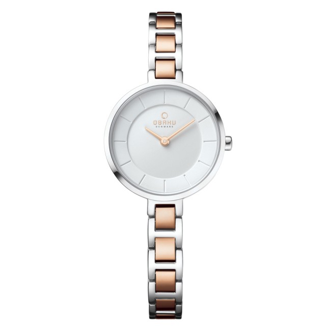 【OBAKU】氣質雅致雙色時尚腕錶-白X玫瑰金(V183LXCISC)