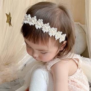 【UNICO】兒童 米白花朵蕾絲珍珠公主髮帶(髮飾/配件/聖誕)