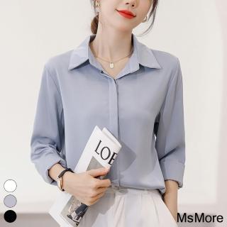 【MsMore】緞面襯衫新款時尚洋氣職業氣質百搭短版寬鬆上衣#117759(白/黑/藍)