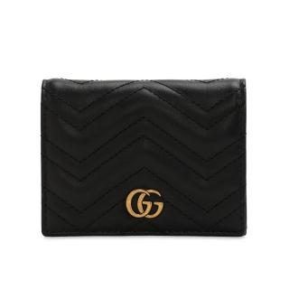 【GUCCI 古馳】GG Marmont 經典金屬雙G 卡夾 皮夾 短夾 零錢包 黑色 466492