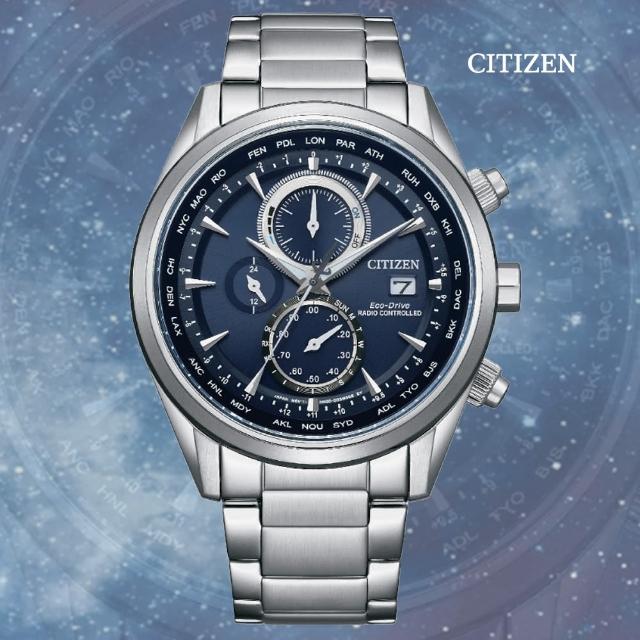 【CITIZEN 星辰】GENTS 光動能 電波對時 三眼碼錶計時腕錶-藍43mm(AT8260-85L 防水100米)