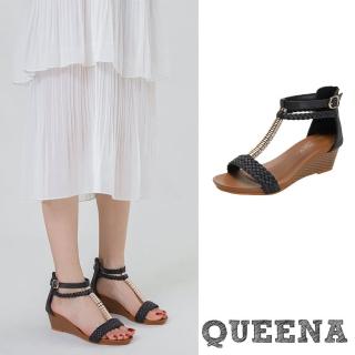 【QUEENA】坡跟涼鞋 縷空涼鞋/波西米亞民族風縷空編織金屬飾帶造型坡跟涼鞋(黑)