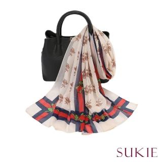 【Sukie】雪紡紗絲巾 撞色絲巾/撞色條紋玫瑰花朵50X150雪紡紗絲巾 圍巾(5色任選)