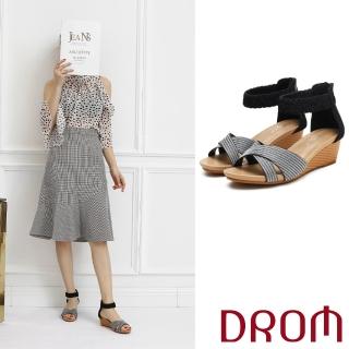 【DROM】坡跟涼鞋 交叉涼鞋/歐美時尚交叉編織繞踝造型坡跟涼鞋(黑)