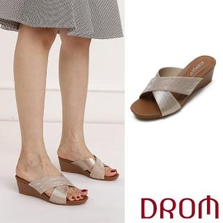【DROM】坡跟拖鞋 交叉拖鞋/歐美復古亮絲面交叉造型坡跟拖鞋(金)