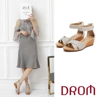 【DROM】坡跟涼鞋 交叉涼鞋/歐美時尚交叉編織繞踝造型坡跟涼鞋(金)