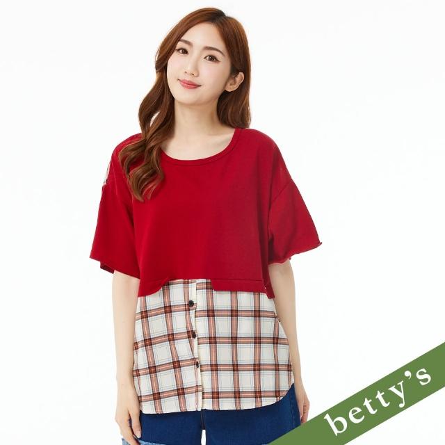 【betty’s 貝蒂思】拼接假兩件格子寬版上衣(紅色)