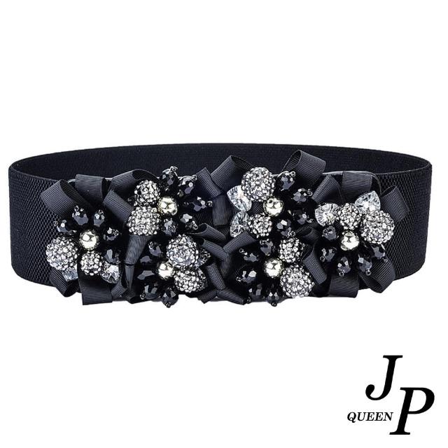 【Jpqueen】黑晶花漾緞帶寬版伸縮腰帶(黑色尺寸可選)