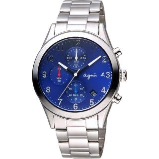【agnes b.】巴黎城市風尚三眼計時手錶-藍x銀/40mm(VD57-KT20B BM3008X1)