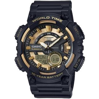 【CASIO 卡西歐】世界時間雙顯電子錶-黑x金(AEQ-110BW-9A)