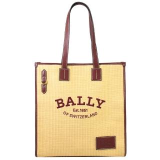 【BALLY】簡約品牌LOGO草編拼接肩背包托特包(駝 大款)