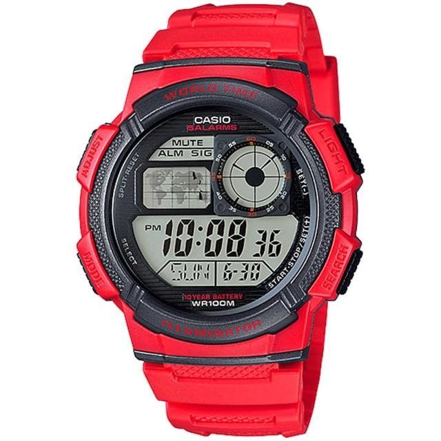 【CASIO 卡西歐】世界時間數位電子錶-紅(AE-1000W-4A)