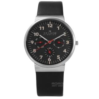 【SKAGEN】北歐丹麥卓越品味三環視窗真皮手錶 黑色 36mm(SKW6096)