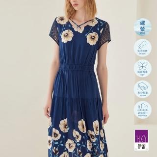 【ILEY 伊蕾】花卉印花拼接蕾絲袖縲縈洋裝(深藍色；M-XL；1232077446)