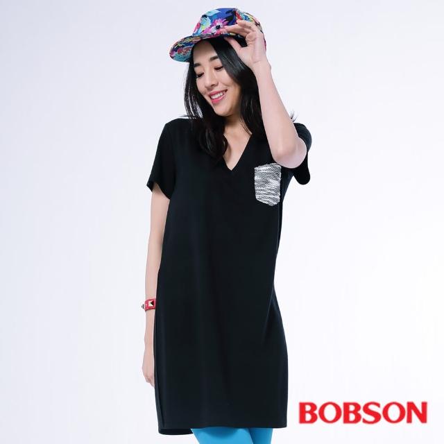 【BOBSON】女款V領口長版衣(黑26107-88)
