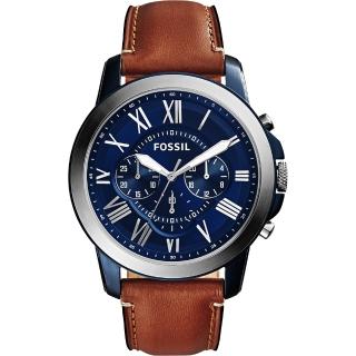 【FOSSIL】Grant 旗艦三眼計時手錶-藍x棕/44mm(FS5151)