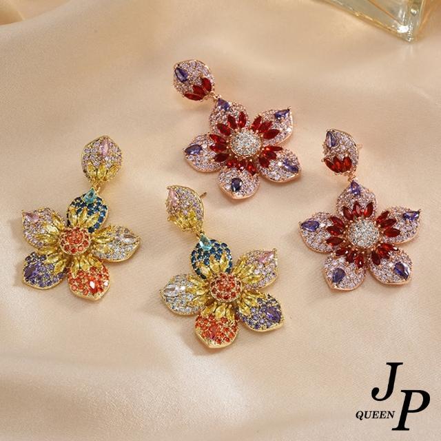 【Jpqueen】雙色花漾奢華晶鑽垂墜耳環(2色可選)
